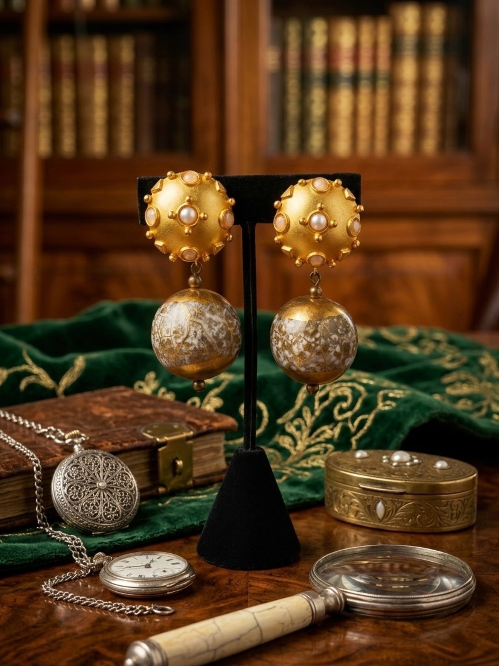 Patti Horn Gold and Pearl Drop Ball Earrings (Rare)